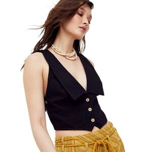 Free People Izi Crop Black Cotton Vest Side and Front Buttons Back Tie‎ Sz SP